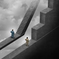 Racial discrimination in society or racist intolerance at work as a white person with an unfair advantage and a black african american facing an obstacle with 3D illustration elements.